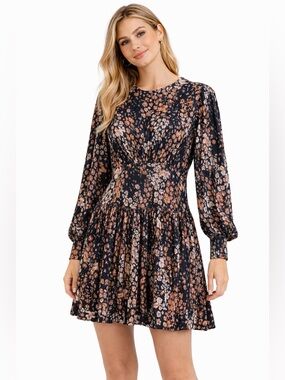 Free People Heartbeats Mini Dress Size Medium Pleated Brown Boho Long Sleeve